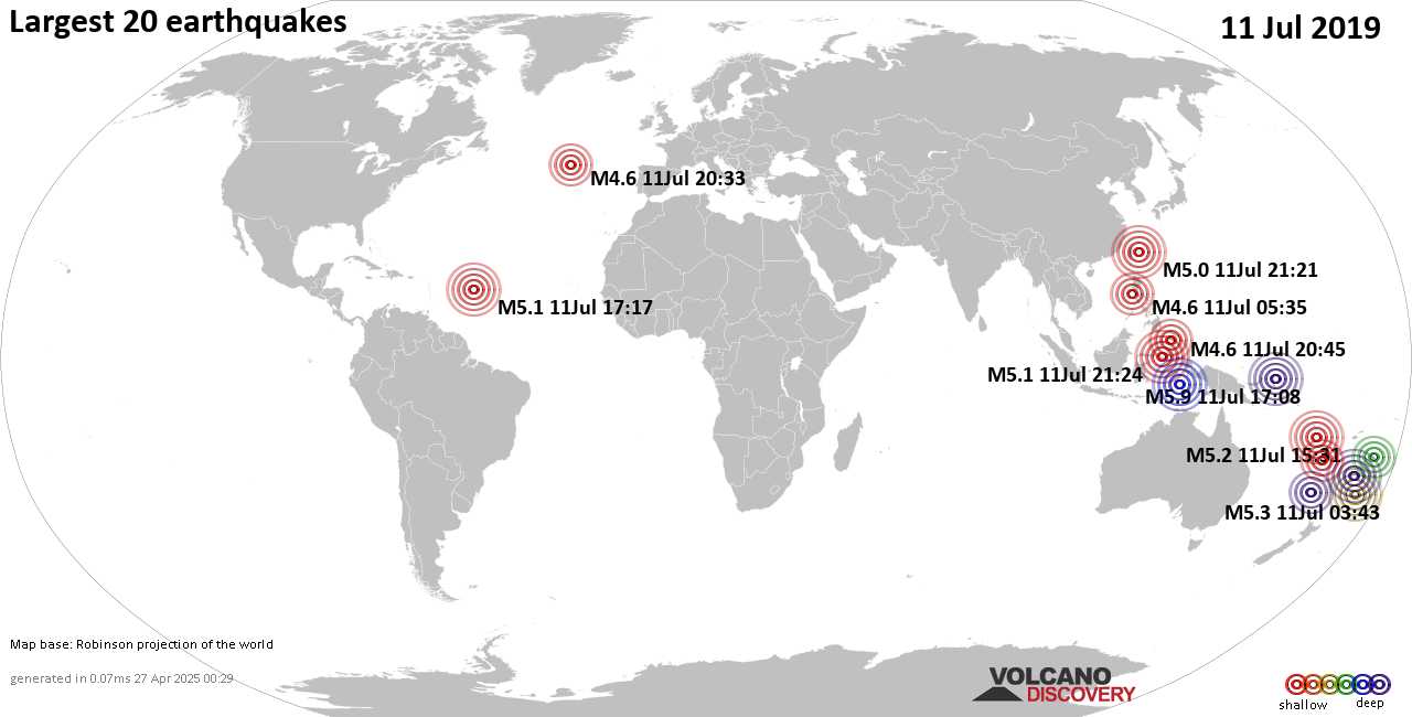 List, maps and statistics of the 20 largest earthquakes on Thursday, 11 Jul 2019