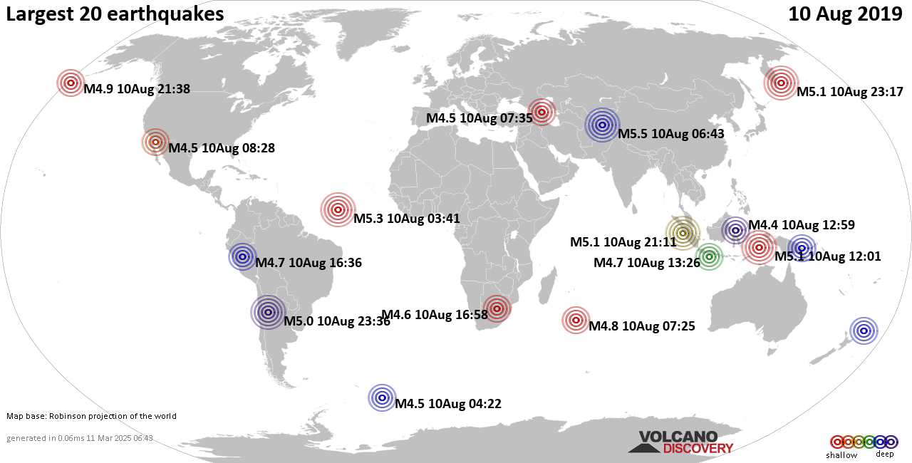 List, maps and statistics of the 20 largest earthquakes on Saturday, 10 Aug 2019