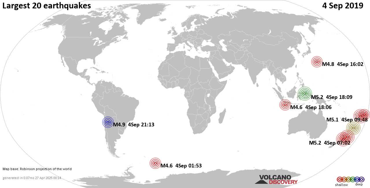 List, maps and statistics of the 20 largest earthquakes on Wednesday, 4 Sep 2019