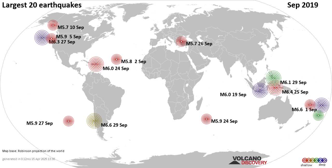 List, maps and statistics of the 20 largest earthquakes in Sep 2019