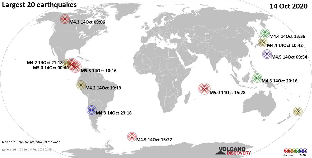 List, maps and statistics of the 20 largest earthquakes on Wednesday, 14 Oct 2020