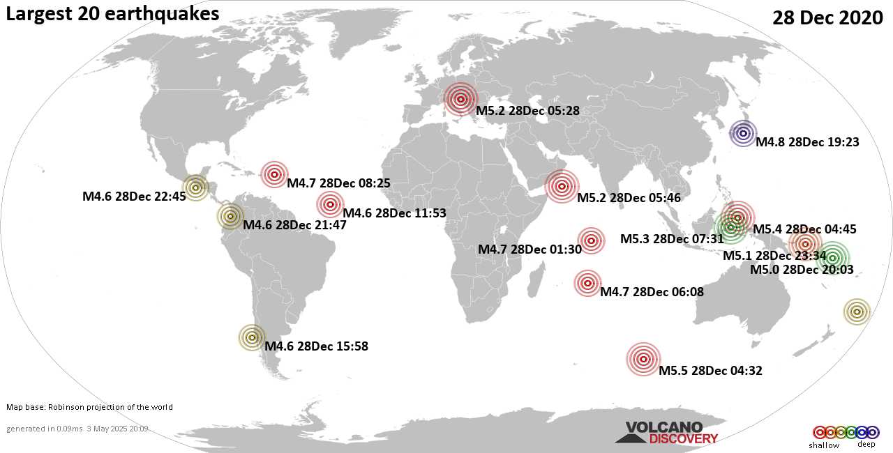 List, maps and statistics of the 20 largest earthquakes on Monday, 28 Dec 2020