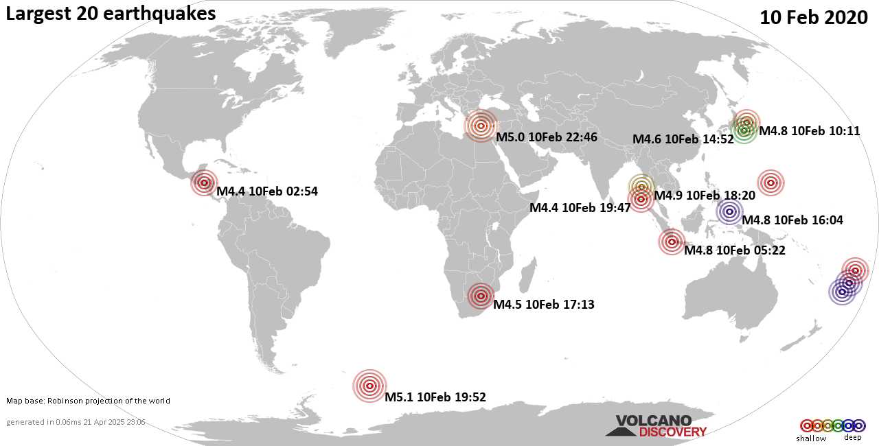 List, maps and statistics of the 20 largest earthquakes on Monday, 10 Feb 2020