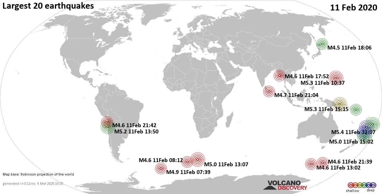 List, maps and statistics of the 20 largest earthquakes on Tuesday, 11 Feb 2020