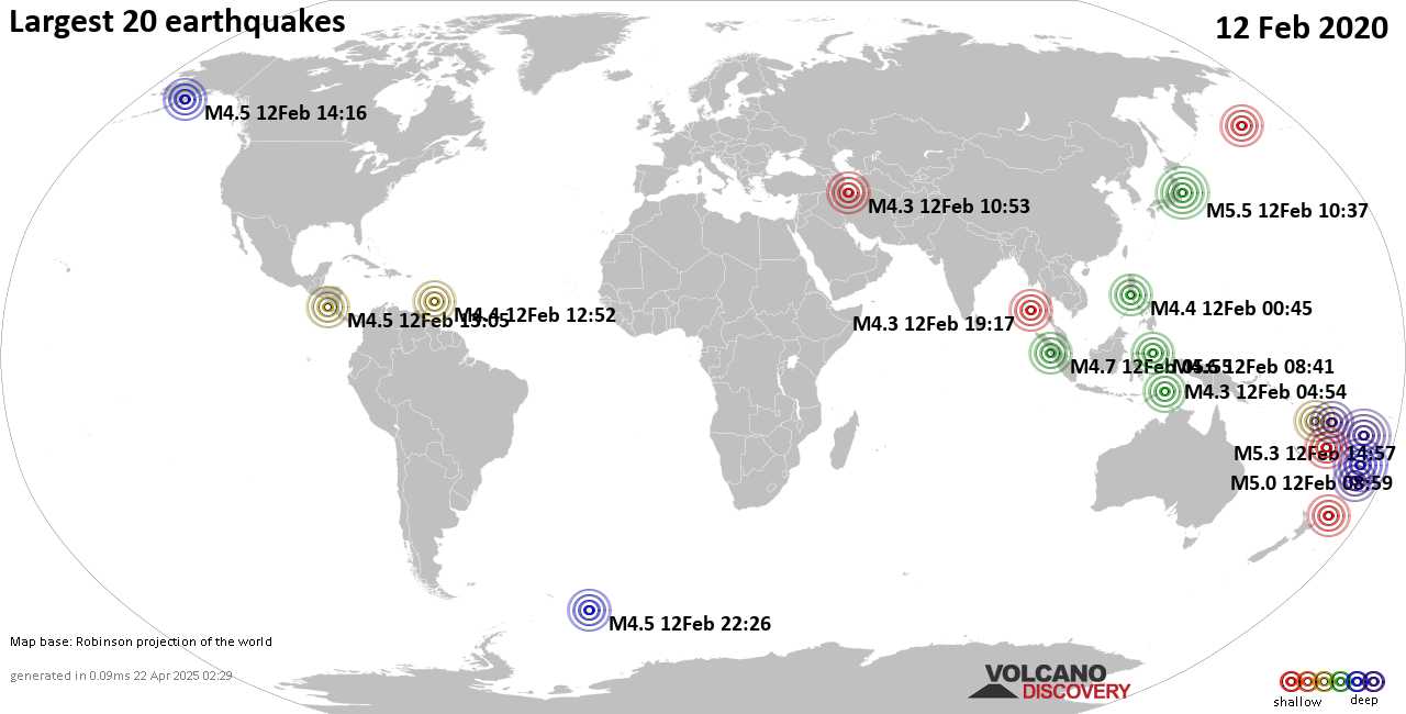 List, maps and statistics of the 20 largest earthquakes on Wednesday, 12 Feb 2020