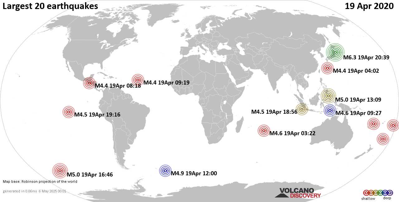 List, maps and statistics of the 20 largest earthquakes on Sunday, 19 Apr 2020