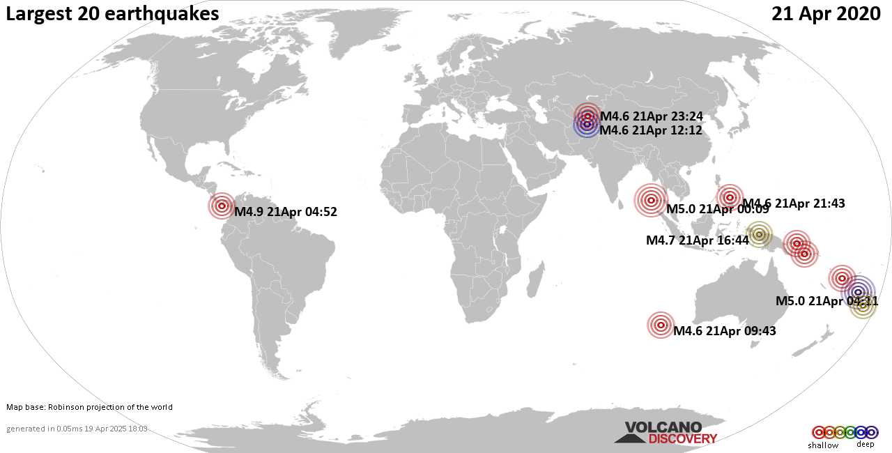 List, maps and statistics of the 20 largest earthquakes on Tuesday, 21 Apr 2020