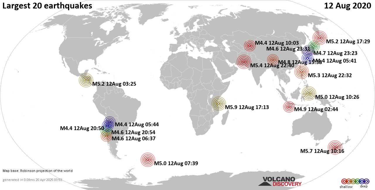List, maps and statistics of the 20 largest earthquakes on Wednesday, 12 Aug 2020