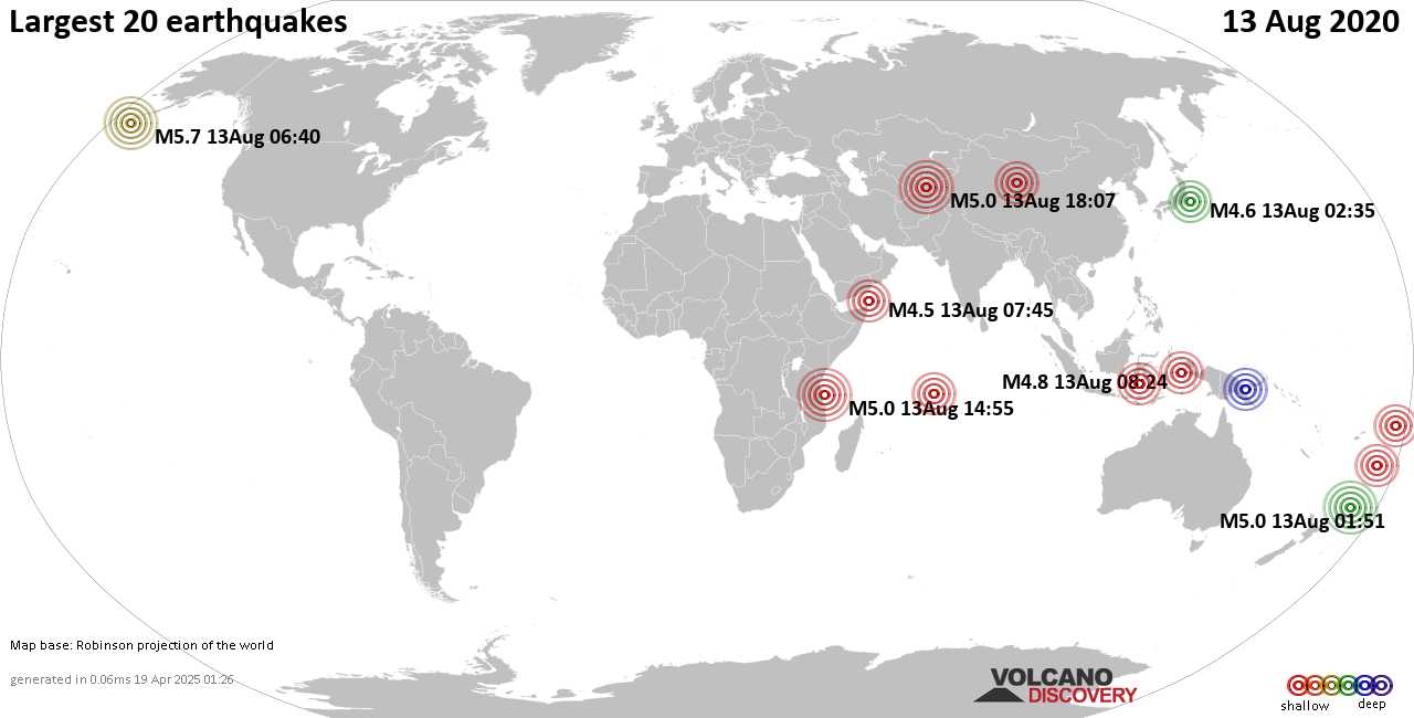 List, maps and statistics of the 20 largest earthquakes on Thursday, 13 Aug 2020