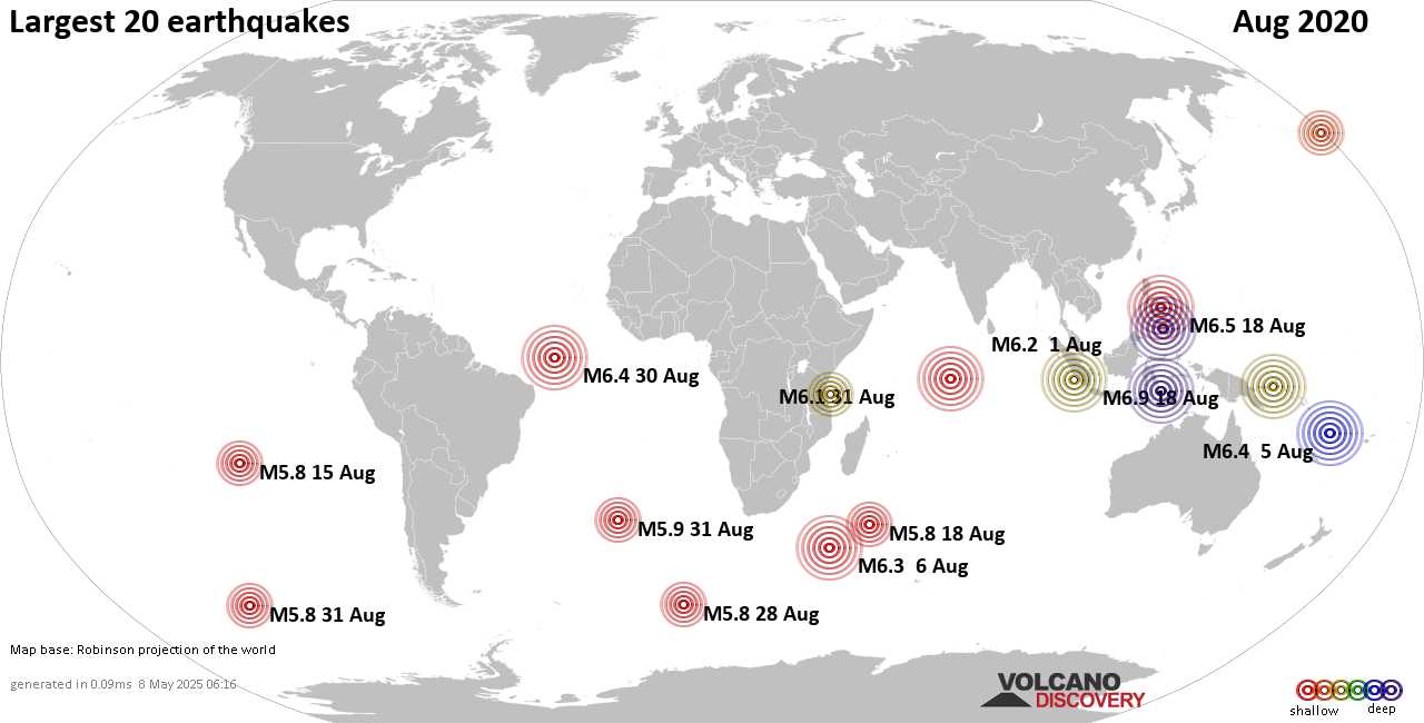 List, maps and statistics of the 20 largest earthquakes in Aug 2020