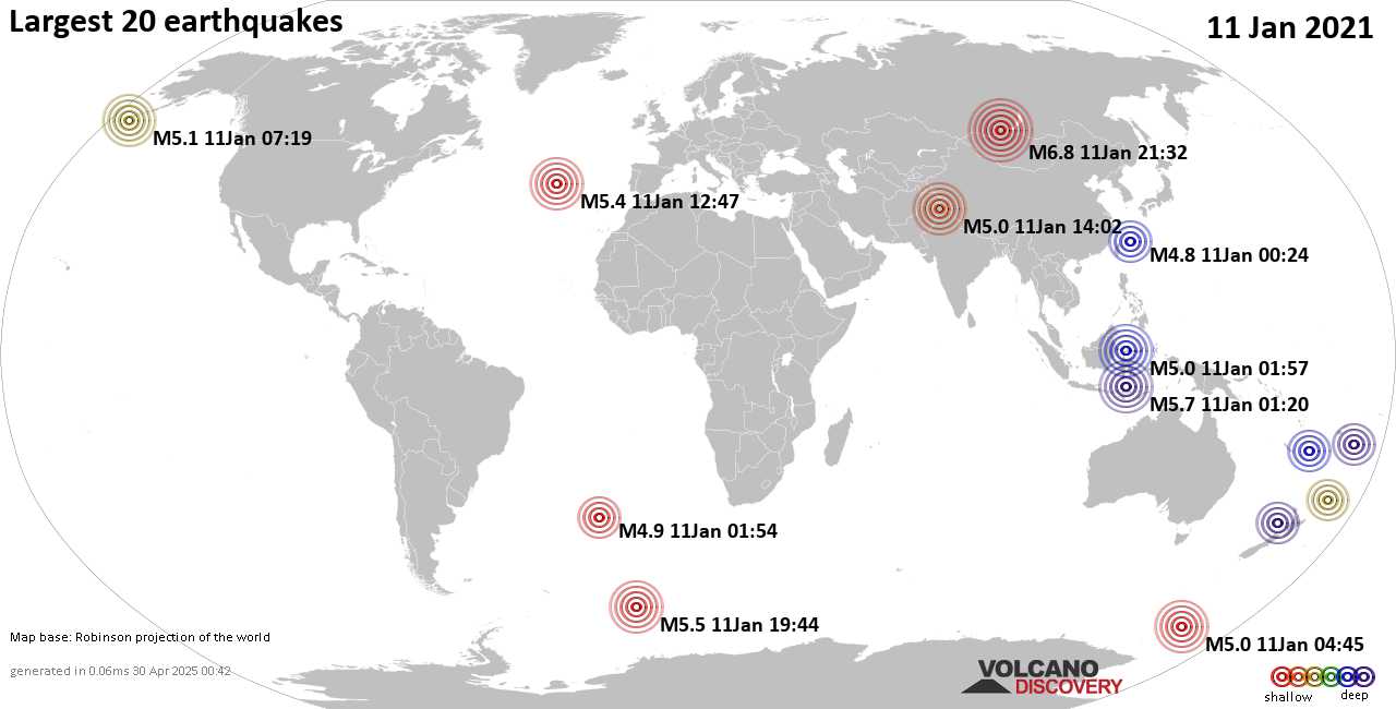 List, maps and statistics of the 20 largest earthquakes on Montag, 11 Jan 2021