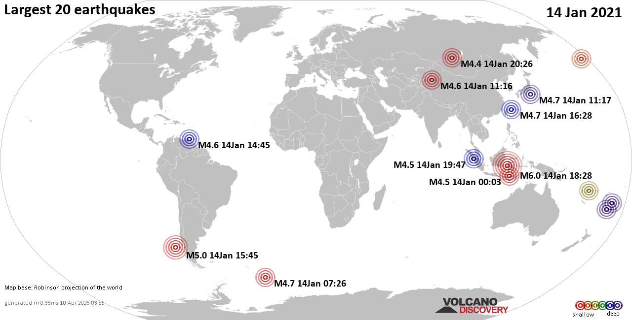 List, maps and statistics of the 20 largest earthquakes on Thursday, 14 Jan 2021