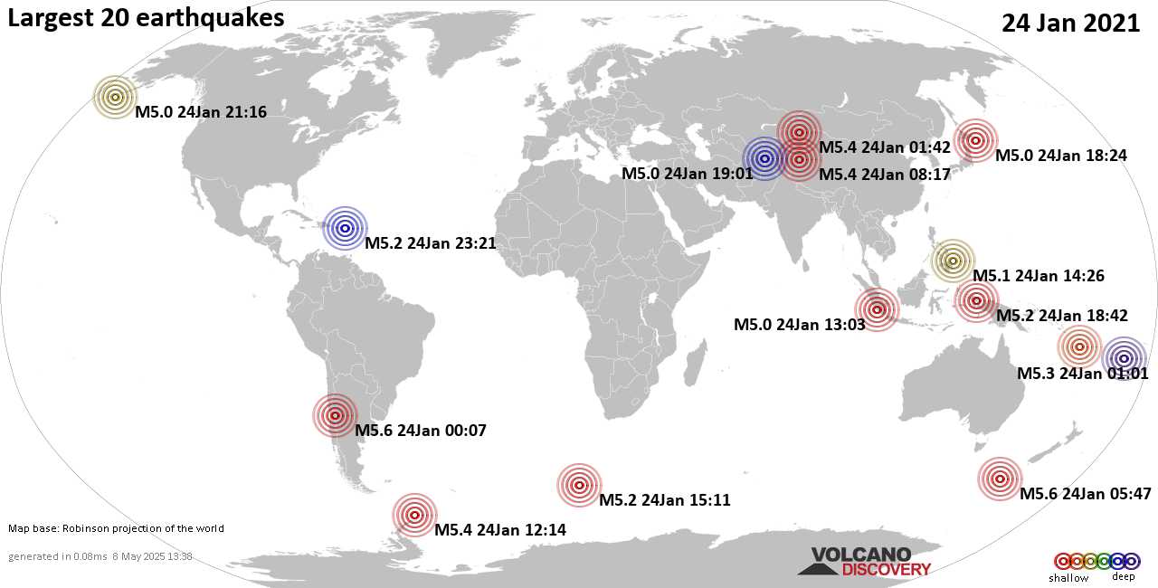 List, maps and statistics of the 20 largest earthquakes on Sunday, 24 Jan 2021