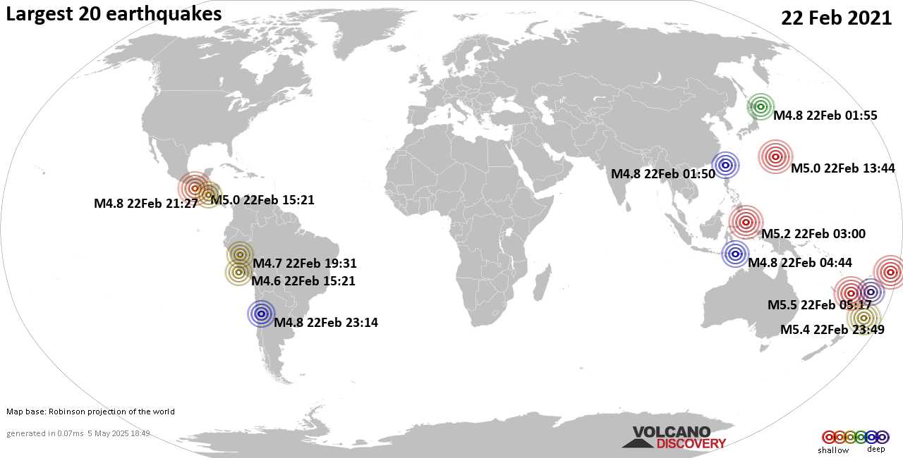 List, maps and statistics of the 20 largest earthquakes on Monday, 22 Feb 2021