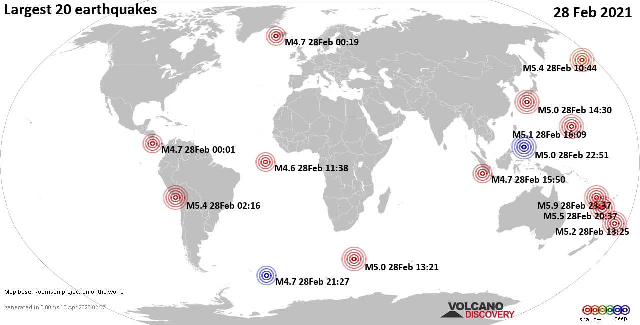 List, maps and statistics of the 20 largest earthquakes on Sunday, 28 Feb 2021