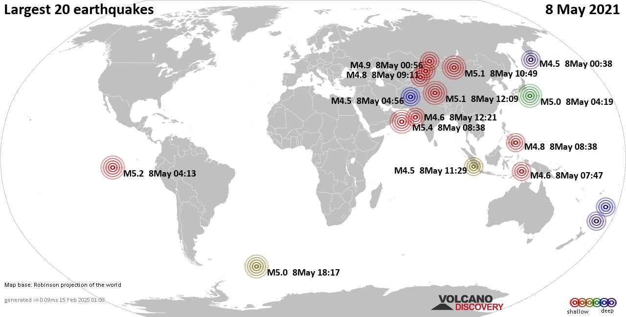 List, maps and statistics of the 20 largest earthquakes on Samstag, 8 Mai 2021