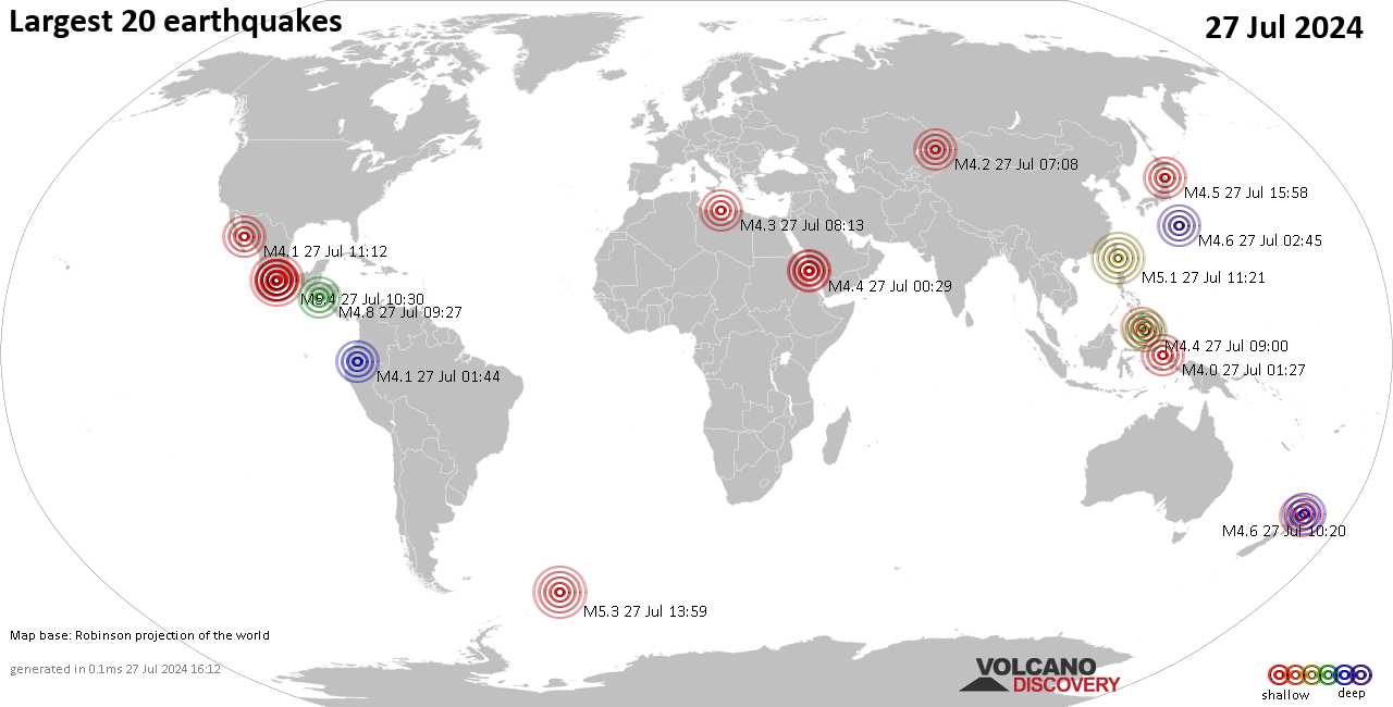 Землетрясения сегодня на карте: последние сильные землетрясения, 27 июля 2024 года