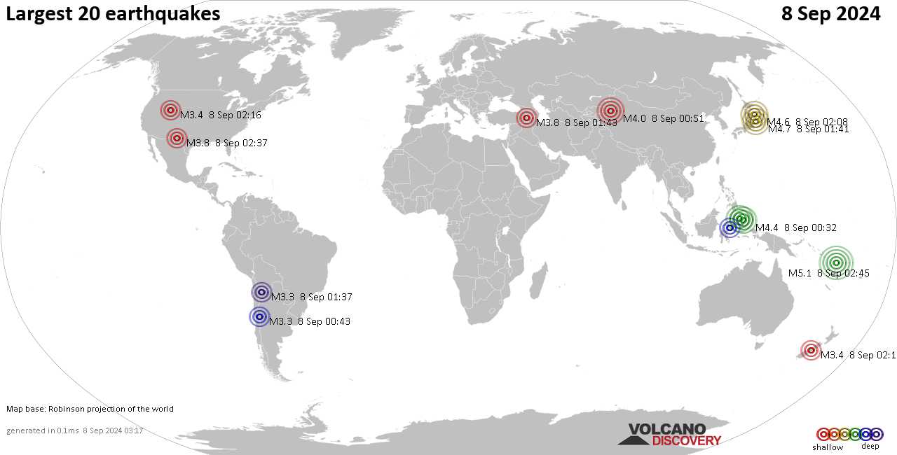 Землетрясения сегодня на карте: последние сильные землетрясения, 8 сентября 2024 года