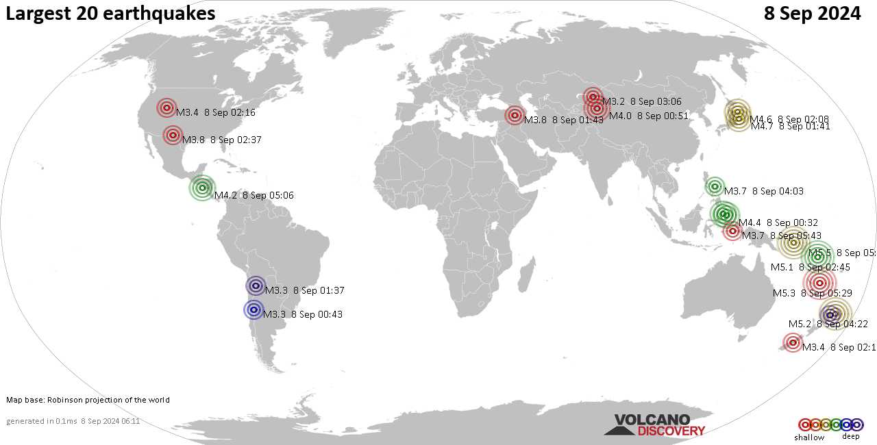 Землетрясения сегодня на карте: последние сильные землетрясения, 8 сентября 2024 года