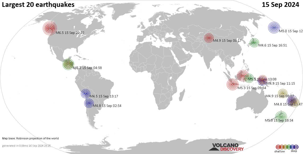 Землетрясения вчера на карте: сильные землетрясения, 15 сентября 2024 года