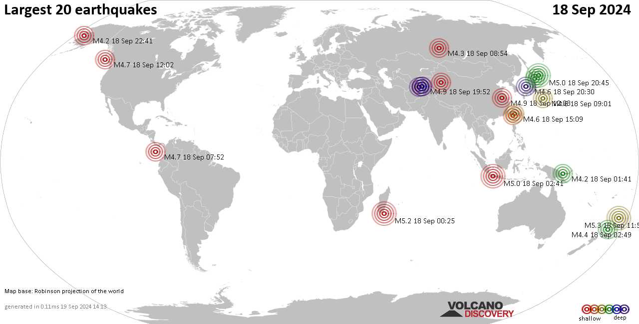 Землетрясения вчера на карте: сильные землетрясения, 18 сентября 2024 года