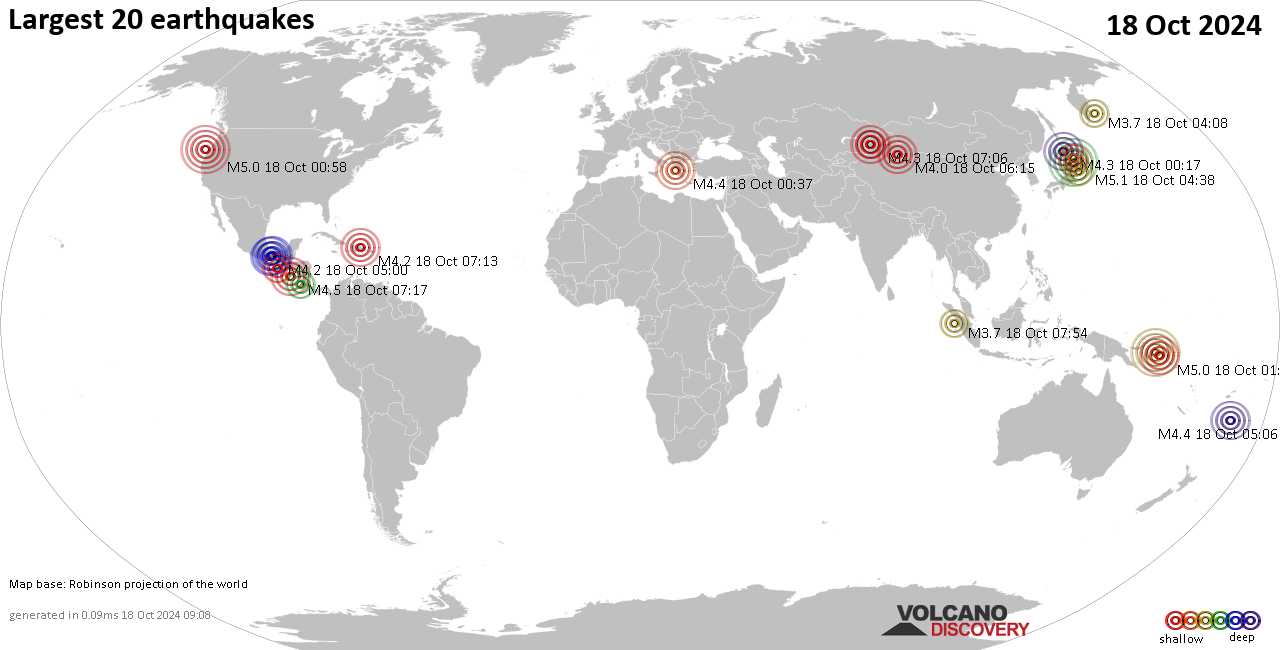 Землетрясения сегодня на карте: последние сильные землетрясения, 18 октября 2024 года