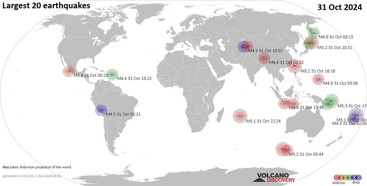 Землетрясения вчера на карте: сильные землетрясения, 31 октября 2024 года