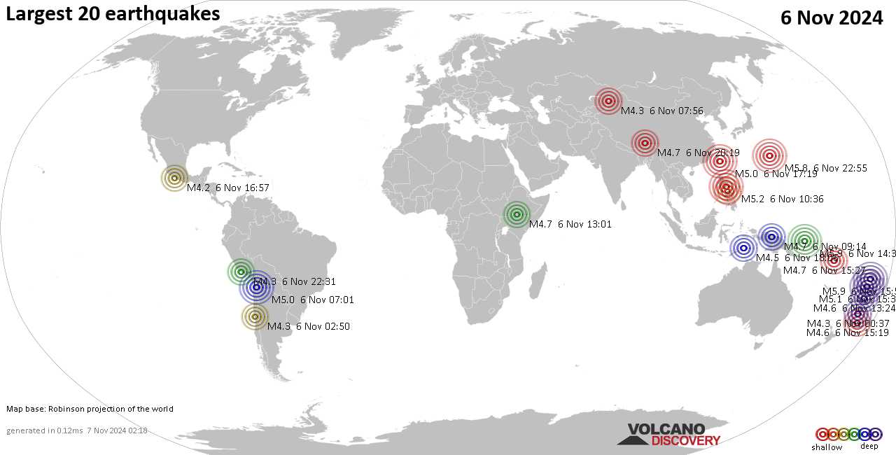 Землетрясения вчера на карте: сильные землетрясения, 6 ноября 2024 года