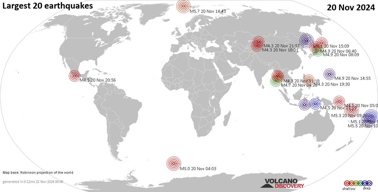 Землетрясения вчера на карте: сильные землетрясения, 20 ноября 2024 года