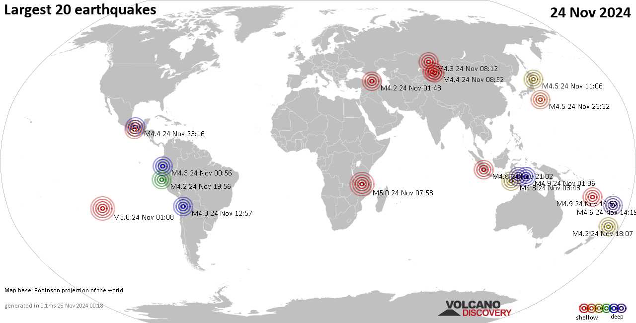 Землетрясения вчера на карте: сильные землетрясения, 24 ноября 2024 года