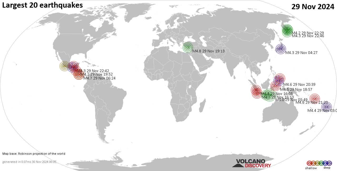 Землетрясения сегодня на карте: последние сильные землетрясения, 29 ноября 2024 года