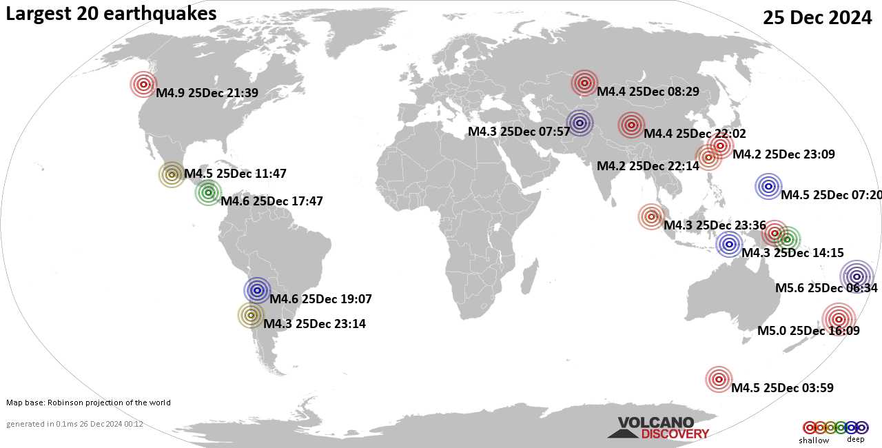 Землетрясения вчера на карте: сильные землетрясения, 25 декабря 2024 года