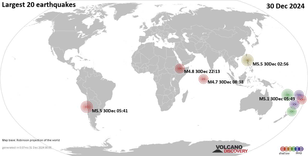 Землетрясения вчера на карте: сильные землетрясения, 30 декабря 2024 года