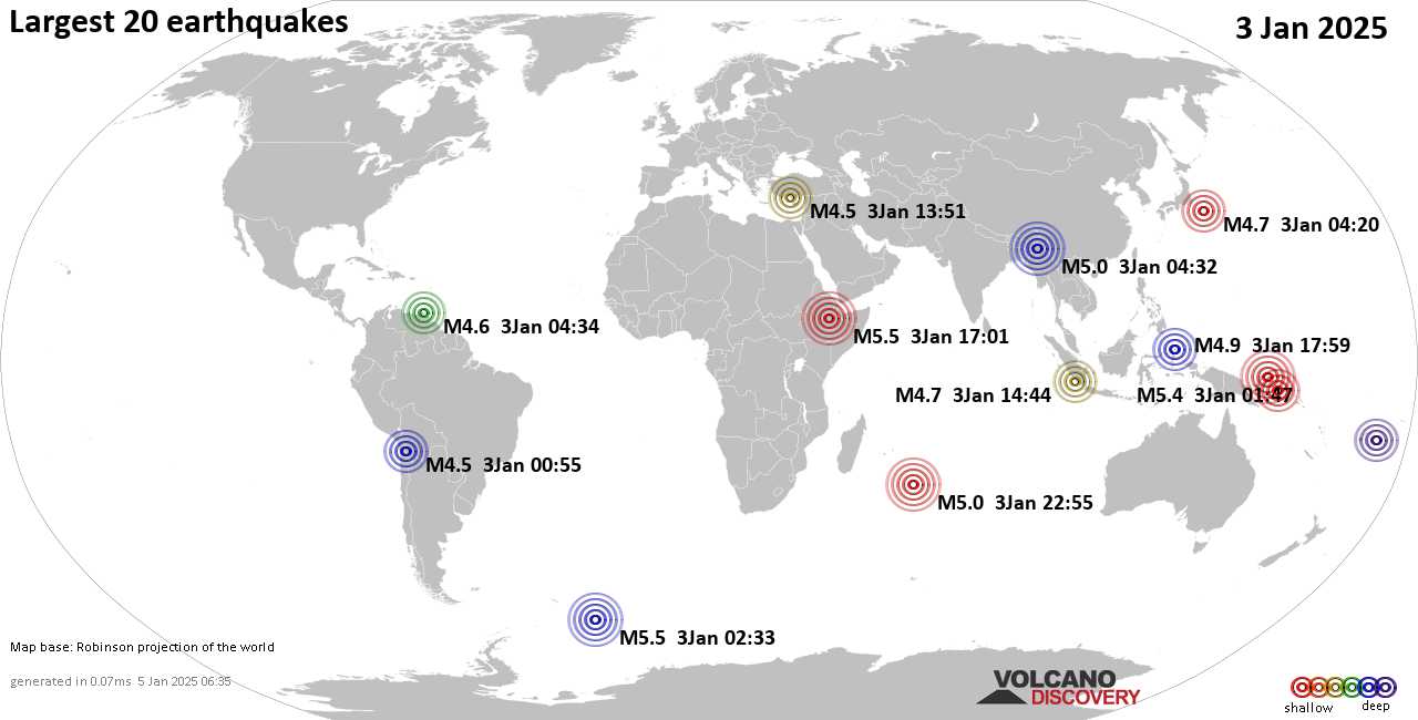 Землетрясения вчера на карте: сильные землетрясения, 3 января 2025 года