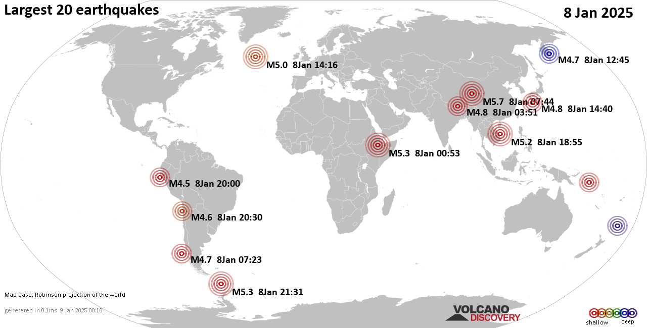Землетрясения сегодня на карте: последние сильные землетрясения, 8 января 2025 года