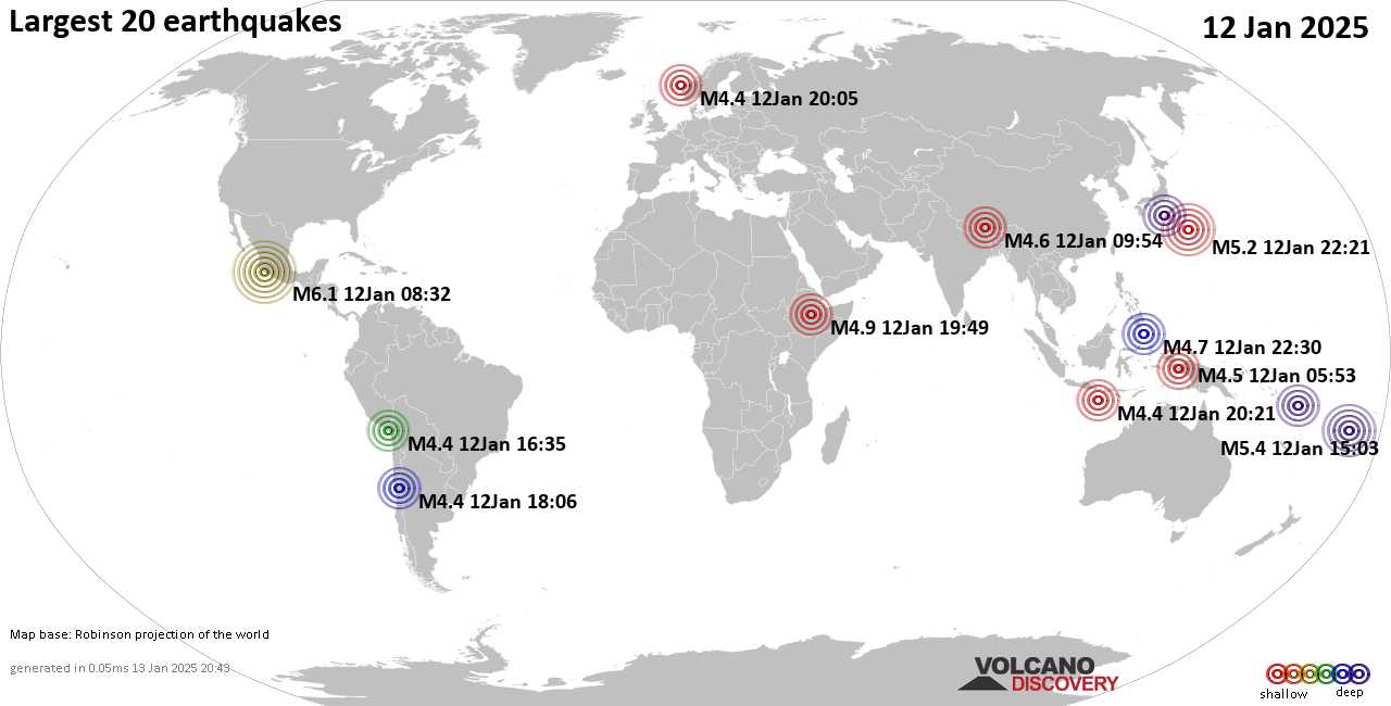 Землетрясения вчера на карте: сильные землетрясения, 12 января 2025 года