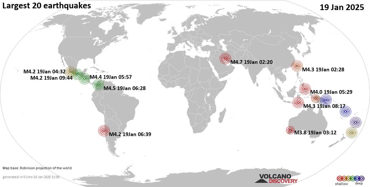 Землетрясения сегодня на карте: последние сильные землетрясения, 19 января 2025 года