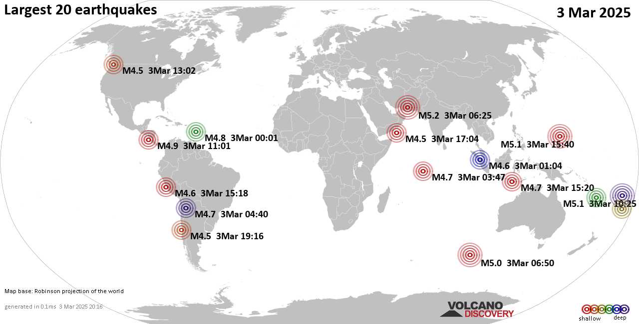 Землетрясения сегодня на карте: последние сильные землетрясения, 3 марта 2025 года