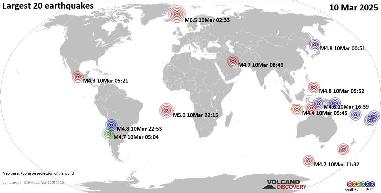 Землетрясения вчера на карте: сильные землетрясения, 10 марта 2025 года