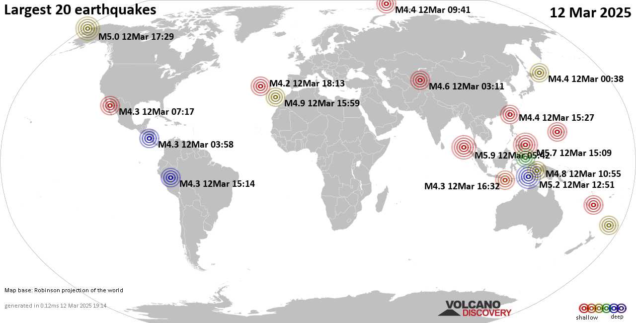 Землетрясения сегодня на карте: последние сильные землетрясения, 12 марта 2025 года