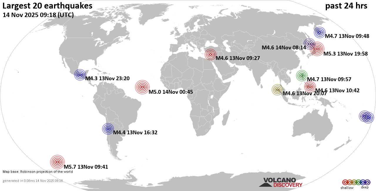Earthquakes Today: list and maps of the 20 largest earthquakes during the past 24 hours