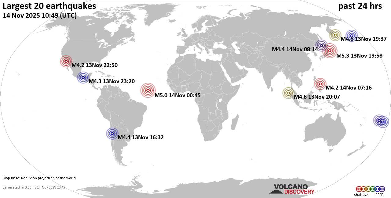 Earthquakes Today: list and maps of the 20 largest earthquakes during the past 24 hours