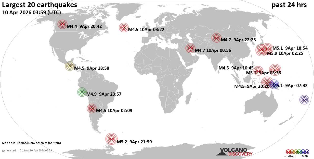 Earthquakes Today: list and maps of the 20 largest earthquakes during the past 24 hours