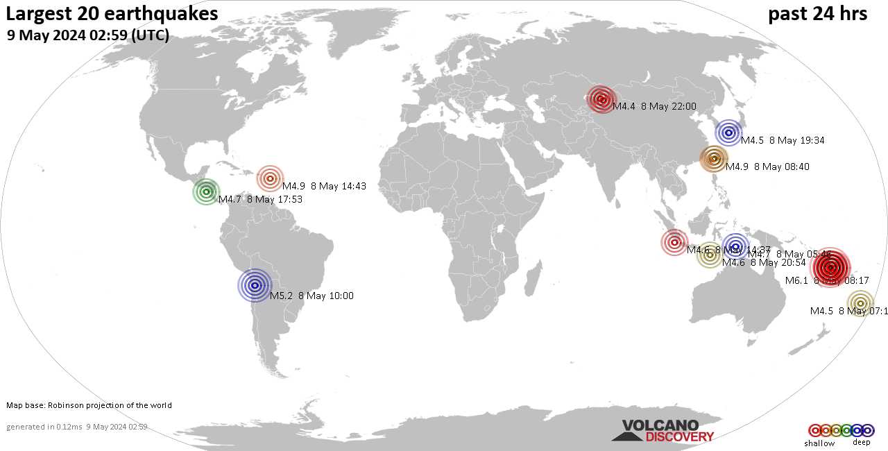 На карте сильные землетрясения за последние 24 часа, 24 февраля 2024 года
