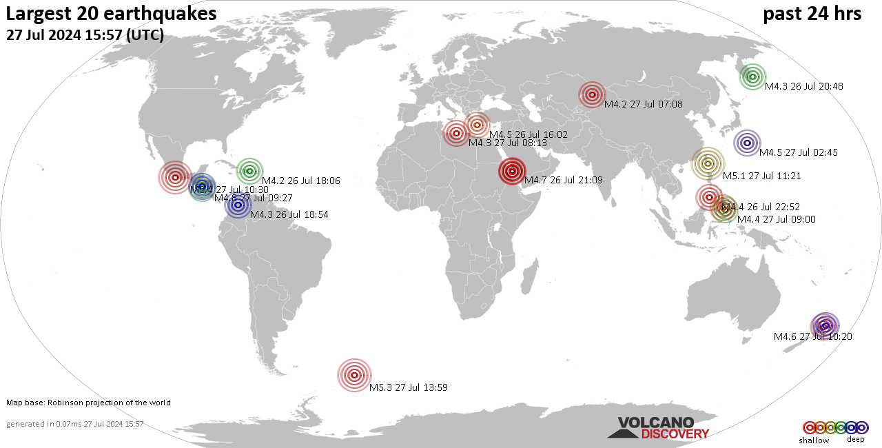 На карте сильные землетрясения за последние 24 часа, 27 июля 2024 года