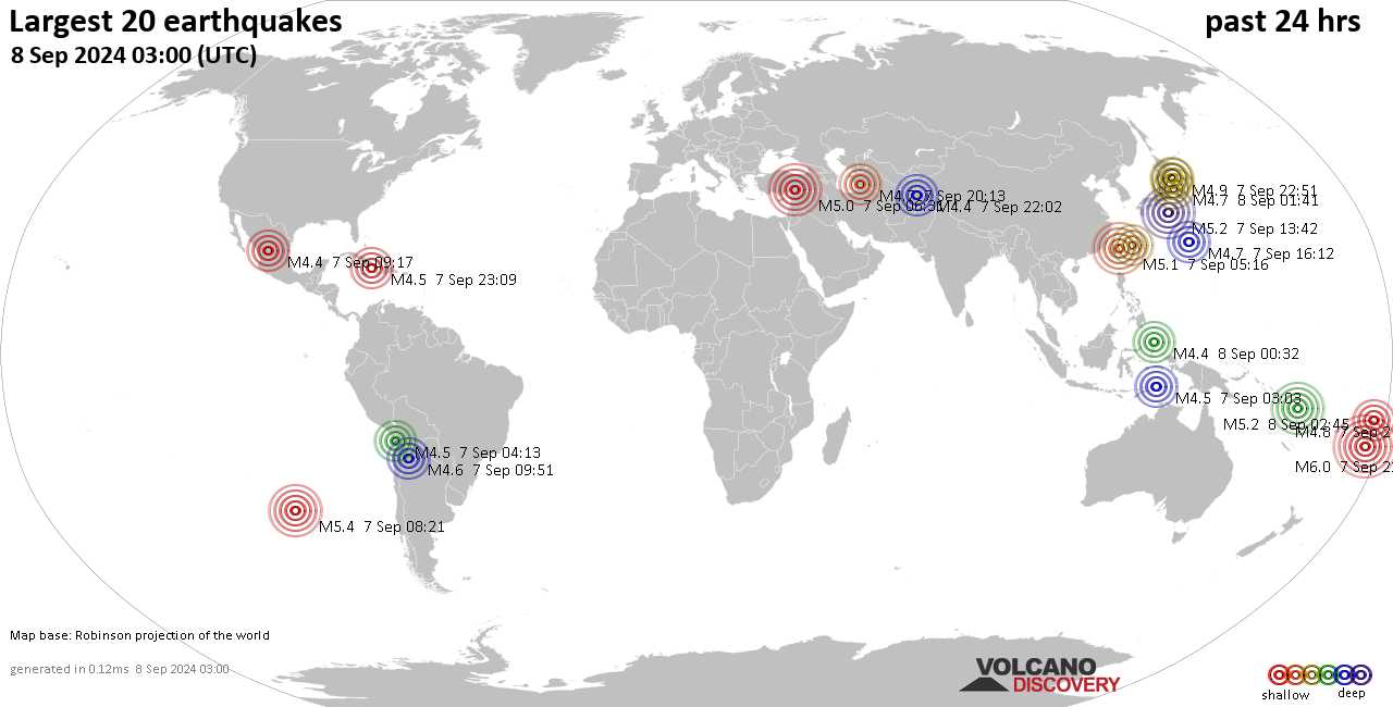 На карте сильные землетрясения за последние 24 часа, 8 сентября 2024 года