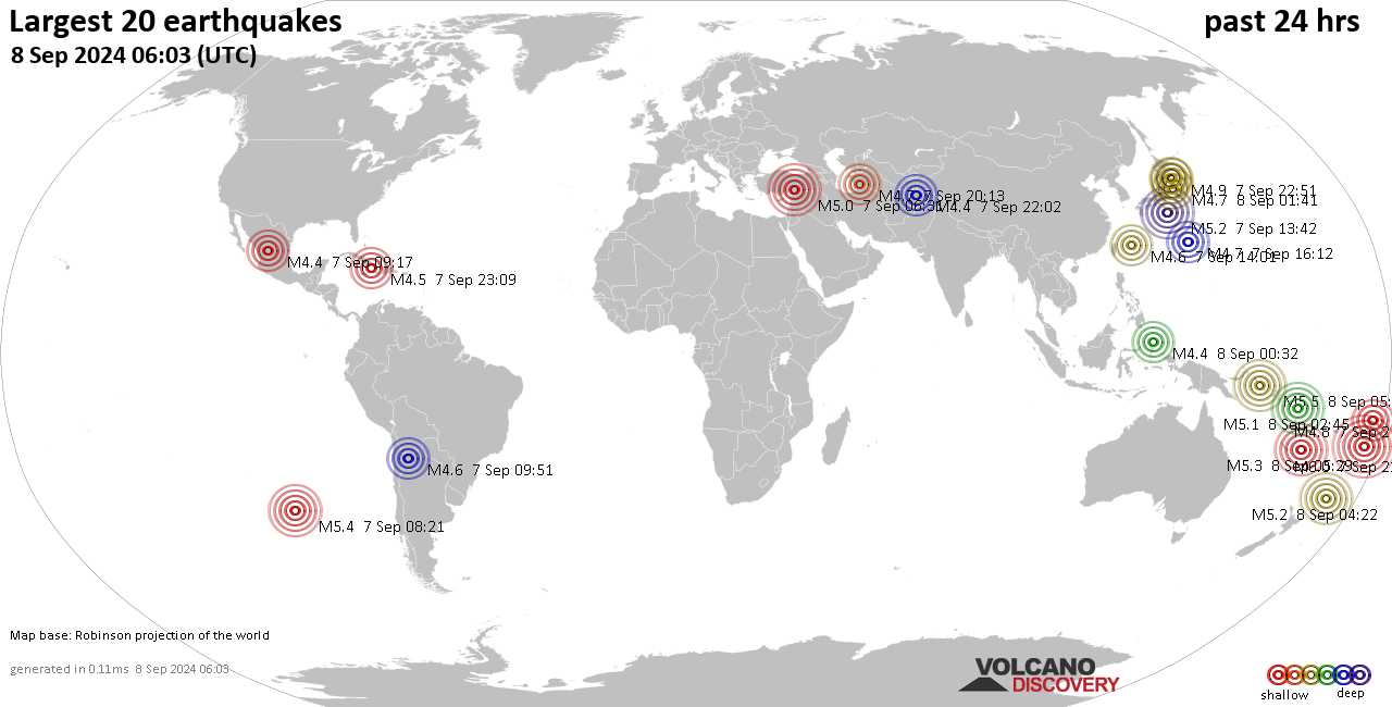 На карте сильные землетрясения за последние 24 часа, 8 сентября 2024 года