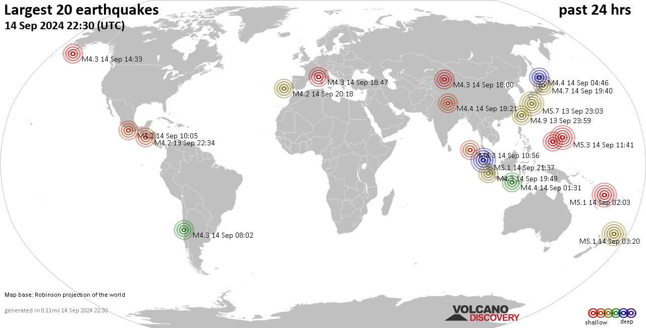 На карте сильные землетрясения за последние 24 часа, 15 сентября 2024 года