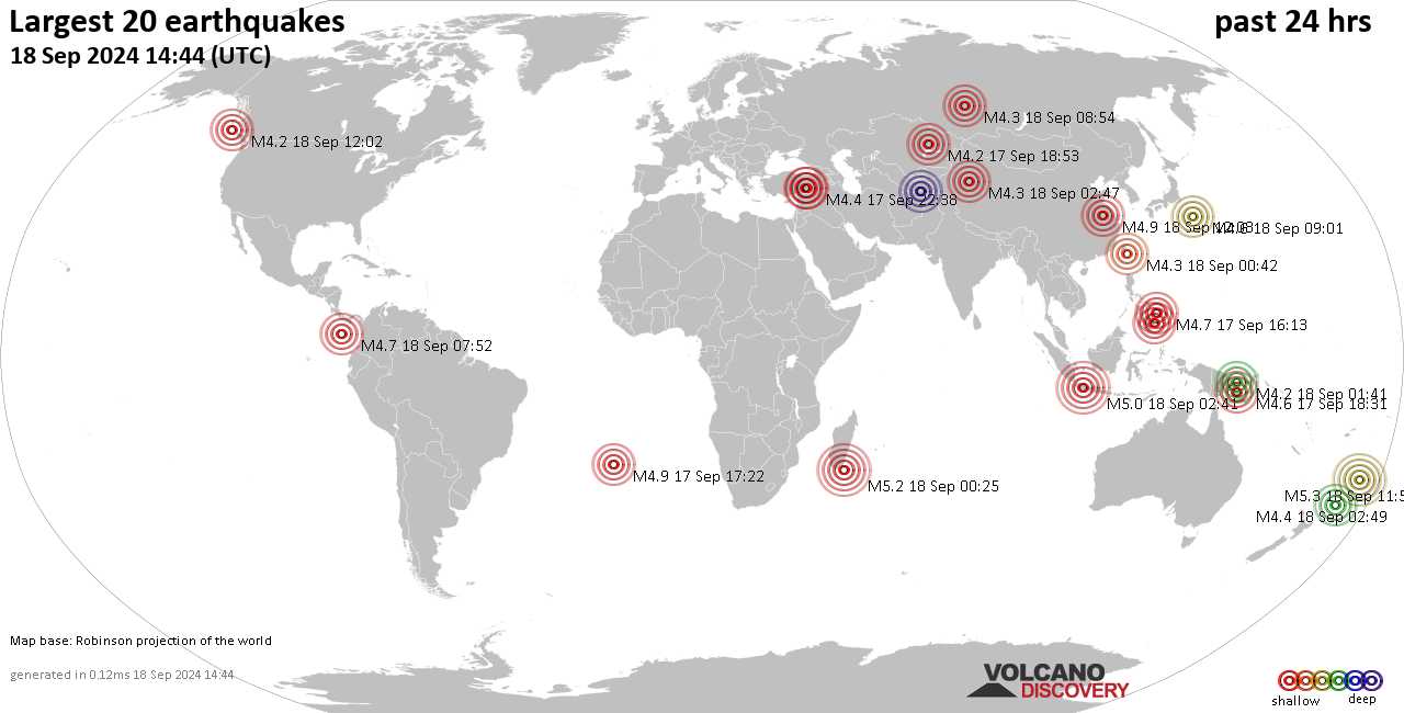 На карте сильные землетрясения за последние 24 часа, 18 сентября 2024 года