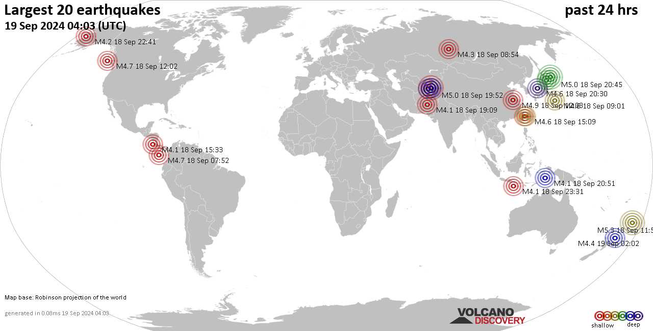 На карте сильные землетрясения за последние 24 часа, 19 сентября 2024 года
